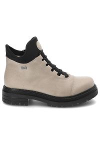 Beżowe Botki Rieker Skórzane Ocieplane Buty Damskie. Okazja: na co dzień. Kolor: beżowy. Materiał: skóra. Obcas: na obcasie. Styl: casual, elegancki. Wysokość obcasa: średni #7