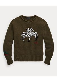 Ralph Lauren - RALPH LAUREN - Sweter z wyszywanym motywem w zebry Relaxed fit. Typ kołnierza: polo. Kolor: zielony. Materiał: tkanina. Wzór: motyw zwierzęcy #2