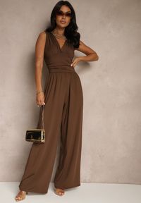 Renee - Brązowy Taliowany Kombinezon Wide Leg z Wiskozą Baniselia. Okazja: na co dzień. Kolor: brązowy. Materiał: wiskoza. Styl: casual, elegancki #4