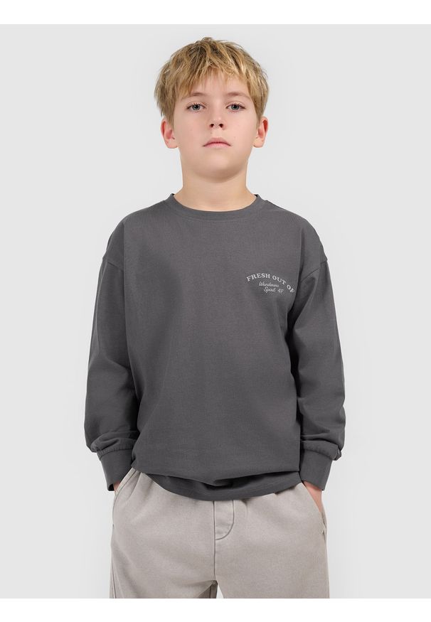 4f - 4F Longsleeve loose z nadrukiem chłopięcy - szary 140 (9-10 lat). Okazja: na spacer, na uczelnię, na co dzień. Kolor: szary. Materiał: bawełna, dzianina. Długość rękawa: długi rękaw. Długość: długie. Wzór: nadruk. Sezon: lato. Styl: casual
