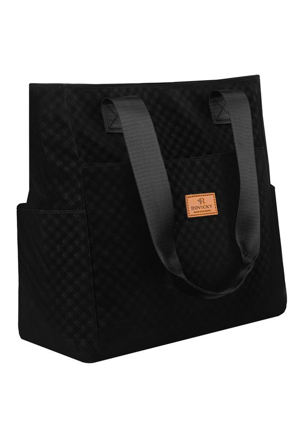 ROVICKY - Czarny shopper damski z poliestru pokrytego geometrycznym wzorem Rovicky R-TZ-01. Kolor: czarny. Wzór: geometria