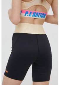 P.E Nation szorty treningowe Backswing damskie kolor czarny z nadrukiem high waist. Stan: podwyższony. Kolor: czarny. Materiał: poliamid, skóra, dzianina. Wzór: nadruk