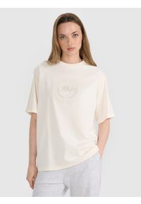 4f - 4F T-shirt oversize z nadrukiem damski - biały XS. Okazja: na co dzień. Kolor: biały. Materiał: jersey, tkanina, dzianina, bawełna, materiał. Długość rękawa: krótki rękaw. Długość: krótkie. Wzór: nadruk. Styl: sportowy, klasyczny, casual
