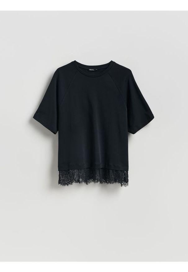 Reserved - T-shirt z koronką - czarny. Kolor: czarny. Materiał: koronka. Wzór: koronka