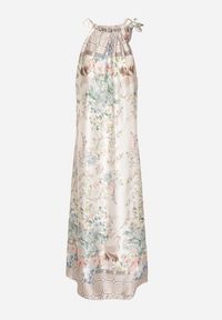 Born2be - Biała Satynowa Sukienka w Kwiaty z Ozdobnym Wiązaniem Fenasella. Okazja: na co dzień. Kolor: biały. Materiał: satyna. Wzór: kwiaty. Typ sukienki: proste. Styl: wizytowy, klasyczny, casual, elegancki #3