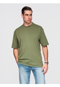 Ombre Clothing - Męski t-shirt bawełniany LOOSE FIT z okrągłym dekoltem – ciemnooliwkowy V8 - Rozmiar: M. Okazja: na co dzień. Kolor: oliwkowy. Materiał: bawełna. Styl: casual, klasyczny