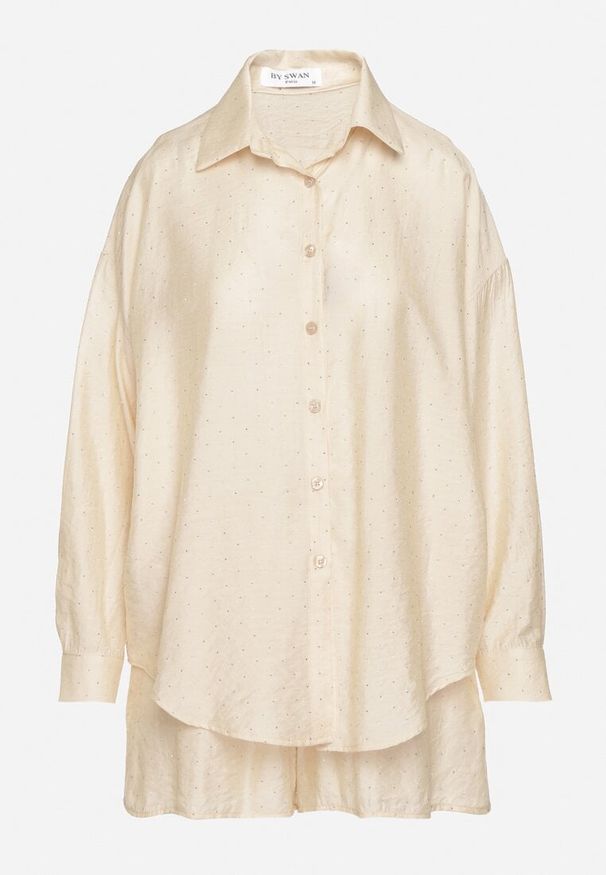 Born2be - Beżowy Komplet Zdobiony Cyrkoniami Koszula i Szorty Jenarionis. Kolor: beżowy. Wzór: aplikacja