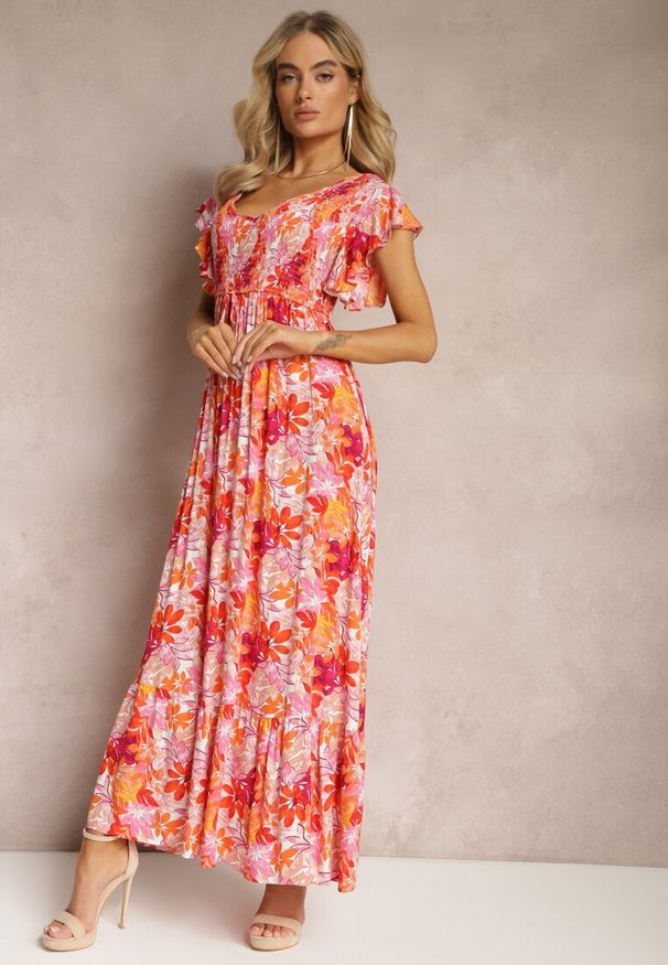 Renee - Pomarańczowa Długa Sukienka w Kwiaty z Gumką w Pasie Liumbia. Kolor: pomarańczowy. Wzór: kwiaty. Styl: wakacyjny. Długość: maxi
