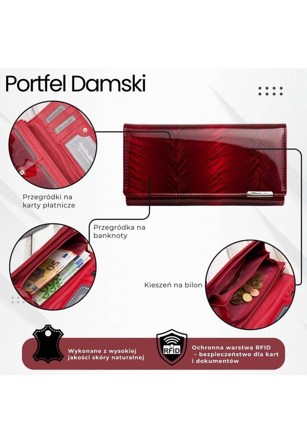 JENNIFER JONES - Skórzany czerwony lakierowany portfel damski SP-16-RD. Kolor: czerwony. Materiał: skóra. Wzór: aplikacja