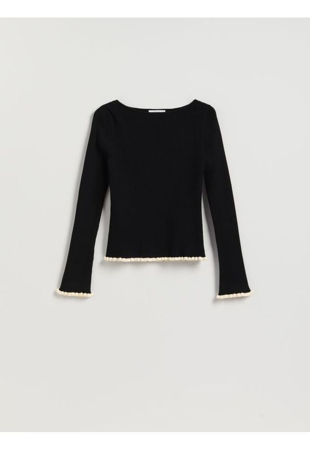 Reserved - Sweter z ozdobnym wykończeniem - czarny. Kolor: czarny. Materiał: dzianina, wiskoza