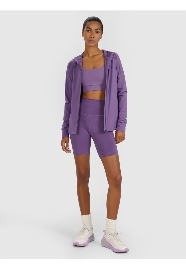 4f - 4F Bluza treningowa regular szybkoschnąca damska - fioletowa XXL. Okazja: na co dzień. Typ kołnierza: kaptur. Kolor: różowy. Materiał: dzianina, elastan, włókno, syntetyk, materiał. Długość rękawa: raglanowy rękaw. Wzór: gładki, ze splotem. Styl: casual, sportowy