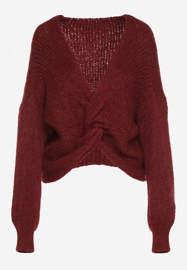 Born2be - Bordowy Sweter Oversize z Domieszką Wełny z Oryginalnym Dekoltem Lawedia. Okazja: na co dzień. Kolor: czerwony. Materiał: wełna. Styl: klasyczny, casual, elegancki