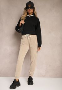 Renee - Ciemnobeżowe Dresowe Spodnie z Bawełną High Waist Wykończone w Pasie Gumką Ekadela. Stan: podwyższony. Kolor: beżowy. Materiał: bawełna, dresówka #5