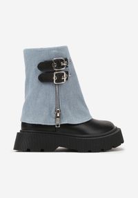Born2be - Niebieskie Botki w Stylu Workerów z Wywiniętą Cholewką i Metalicznymi Klamrami Falonna. Okazja: na co dzień. Zapięcie: klamry. Kolor: niebieski. Materiał: jeans. Szerokość cholewki: normalna. Styl: klasyczny, casual
