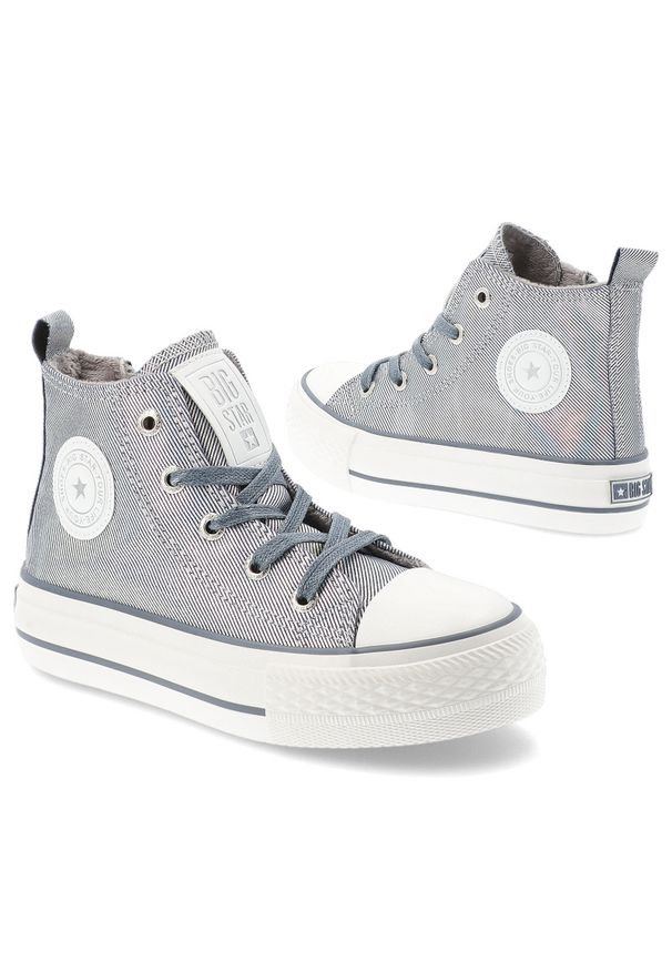 Big-Star - Srebrne Trampki Big Star Modne Obuwie Dziecięce. Okazja: na co dzień. Wysokość cholewki: przed kolano. Zapięcie: sznurówki. Kolor: srebrny. Materiał: materiał. Szerokość cholewki: normalna. Styl: casual, klasyczny