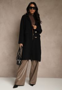 Renee - Czarny Płaszcz Dwurzędowy o Długim Kroju w Eleganckim Stylu Saratusa. Okazja: do pracy. Kolor: czarny. Materiał: jeans. Długość: długie. Styl: elegancki #2