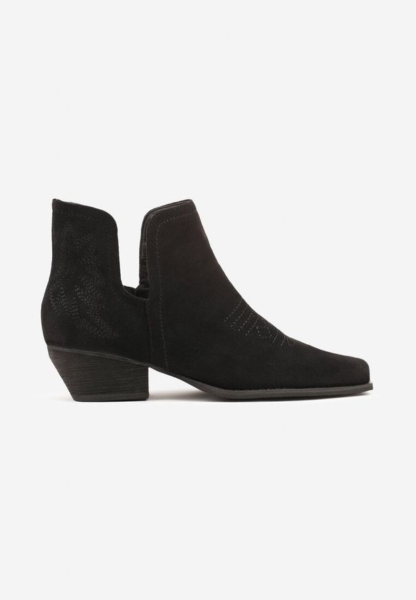 Born2be - Czarne Botki Kowbojki na Stożkowym Obcasie z Ozdobnym Wycięciem Hanaveil. Okazja: na co dzień. Kolor: czarny. Materiał: jeans. Obcas: na obcasie. Styl: elegancki, casual. Wysokość obcasa: średni