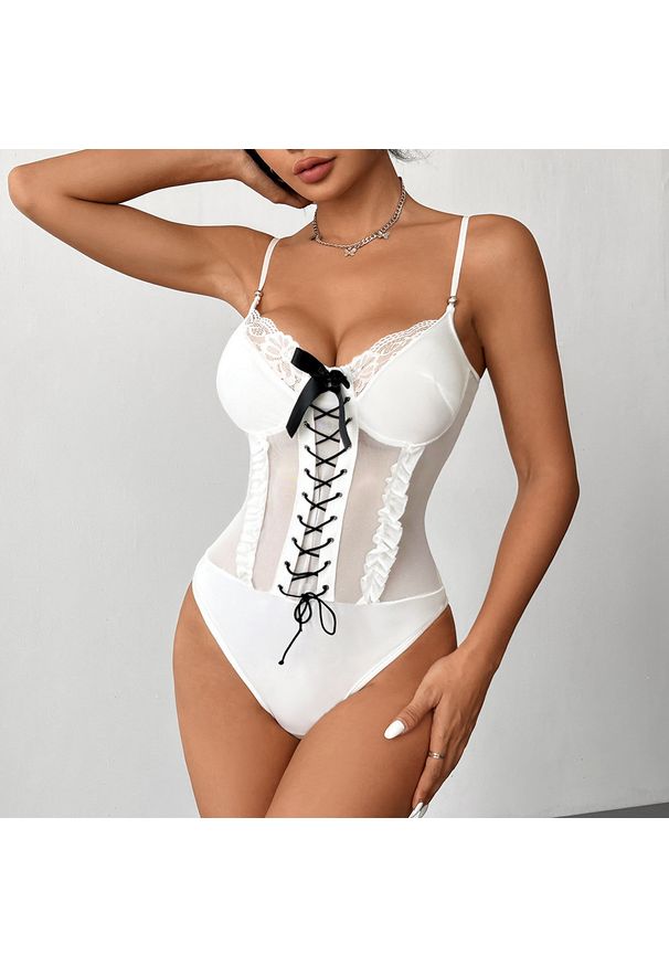 Intica - Body z sznurowaniem eleganckie na specjalne okazje Fadila. Kolor: biały. Materiał: materiał
