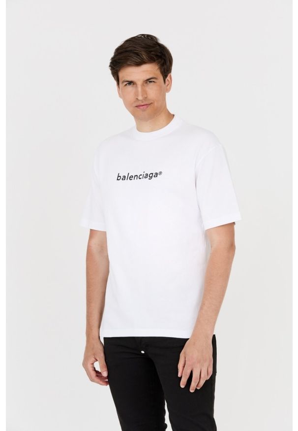 Balenciaga - BALENCIAGA Męski biały t-shirt z czarnym logo, Rozmiar S. Kolor: biały