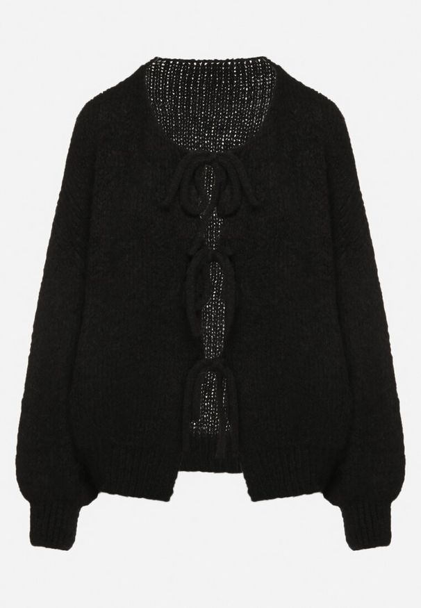 Born2be - Czarny Kardigan Oversize z Wełną Zdobiony Kokardkami Eleathalie. Okazja: na co dzień. Typ kołnierza: kokarda. Kolor: czarny. Materiał: wełna. Wzór: aplikacja. Styl: casual, elegancki