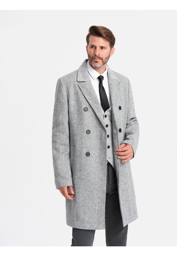 Ombre Clothing - Elegancki dwurzędowy męski płaszcz w jodełkę – szary V1 OM-COWC-0118 - XXL. Kolor: szary. Materiał: dzianina, materiał, tkanina, poliester. Wzór: jodełka. Styl: elegancki
