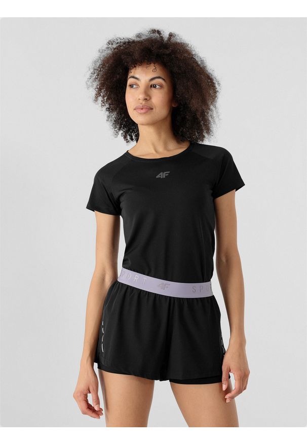 4f - Koszulka do biegania damska. Kolor: czarny. Materiał: skóra, dzianina, włókno. Długość rękawa: raglanowy rękaw. Sport: bieganie, fitness
