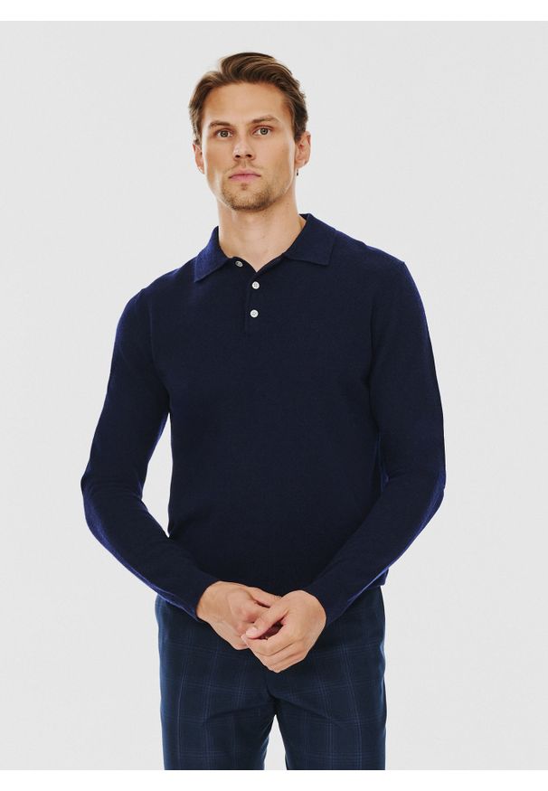 Pako Lorente - PAKO LORENTE – Męski granatowy sweter z kołnierzykiem polo. Typ kołnierza: polo. Kolor: niebieski. Materiał: wełna. Sezon: zima, jesień