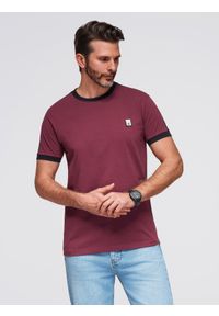 Ombre Clothing - T-shirt męski z kontrastowymi lampasami – bordowy V2 - Rozmiar: L. Okazja: na co dzień. Kolor: czerwony. Materiał: materiał, jersey, poliester, bawełna. Wzór: melanż, aplikacja. Styl: klasyczny, sportowy, casual #5