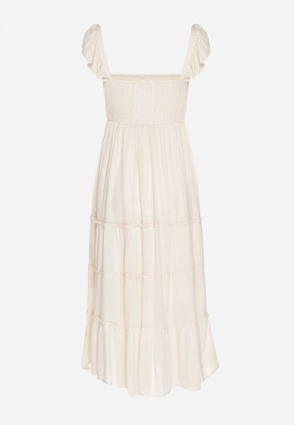 Born2be - Beżowa Wiskozowa Sukienka na Ramiączkach Zdobiona Metaliczną Nicią Iffrisse. Okazja: na co dzień. Kolor: beżowy. Materiał: wiskoza. Długość rękawa: na ramiączkach. Wzór: aplikacja. Styl: casual