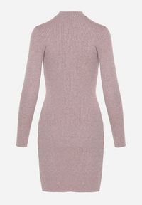 Born2be - Jasnofioletowa Sukienka z Półgolfem z Prążkowanej Dzianiny Ozdobiona Metalowymi Aplikacjami Mattella. Okazja: na co dzień. Kolor: fioletowy. Materiał: prążkowany, dzianina. Długość rękawa: długi rękaw. Wzór: aplikacja. Typ sukienki: dopasowane. Styl: casual, elegancki #2