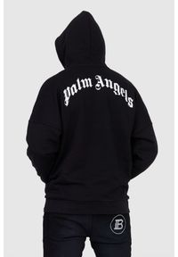 PALM ANGELS Czarna bluza męska z białym printem, Rozmiar M. Typ kołnierza: kaptur. Kolor: czarny. Materiał: prążkowany. Wzór: nadruk