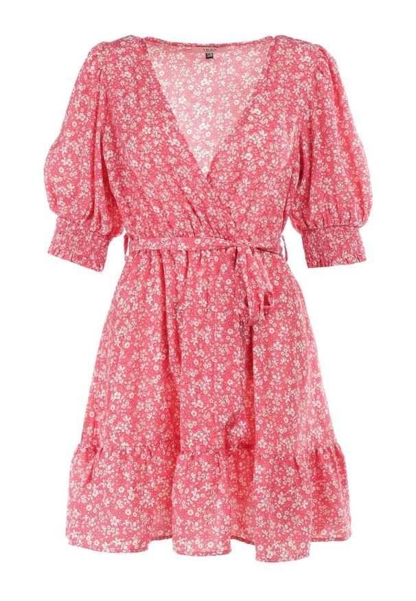 Born2be - Różowa Sukienka Salesi. Kolor: różowy. Materiał: tkanina, materiał. Wzór: aplikacja, kwiaty. Typ sukienki: kopertowe. Długość: mini