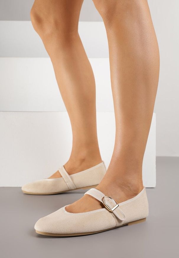 Born2be - Beżowe Balerinki w Stylu Mary Jane Urifiel. Okazja: na co dzień. Zapięcie: sprzączka. Kolor: beżowy. Materiał: jeans. Styl: klasyczny, casual, elegancki