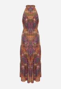 Born2be - Pomarańczowa Taliowana Sukienka w Kwiaty z Gumką w Pasie i Wiązaniem przy Szyi Lusaria. Okazja: na co dzień. Kolor: pomarańczowy. Materiał: skóra. Długość rękawa: bez rękawów. Wzór: kwiaty. Sezon: wiosna, lato. Styl: boho, elegancki, casual #3