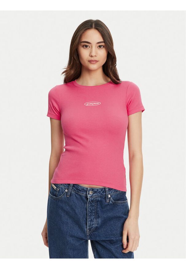 Guess Jeans T-Shirt W5YP37 KA0H1 Różowy Slim Fit. Kolor: różowy. Materiał: bawełna