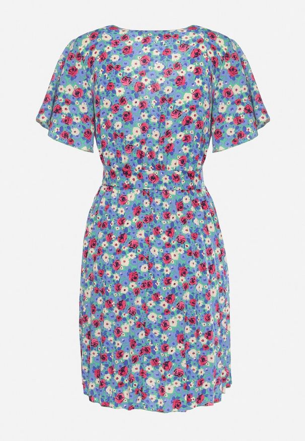 Born2be - Niebieska Rozkloszowana Sukienka z Gumką w Talii z Dodatkowym Paskiem Ellandera. Okazja: na co dzień. Typ kołnierza: dekolt w kształcie V. Kolor: niebieski. Długość rękawa: krótki rękaw. Typ sukienki: proste. Styl: casual