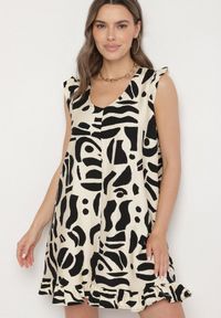 Born2be - Czarna Sukienka o Rozkloszowanym Kroju z Dekoltem w Serek w Abstrakcyjny Wzór Mevondra. Okazja: na co dzień. Typ kołnierza: dekolt w serek. Kolor: czarny. Materiał: skóra, jeans. Długość rękawa: bez rękawów. Styl: casual, elegancki #7