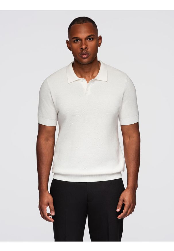 Ombre Clothing - Bawełniana koszulka męska polo ze strukturalnej dzianiny – złamana biel V4 - Rozmiar: XXL. Okazja: do pracy, na co dzień. Typ kołnierza: polo. Materiał: bawełna, dzianina. Długość: krótkie. Styl: casual, elegancki