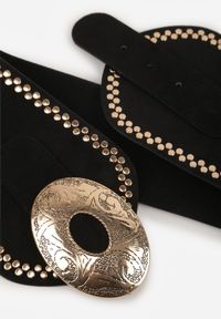 Born2be - Czarny Pasek w Kowbojskim Stylu z Nitami i Metaliczną Tłoczoną Klamrą Pretizia. Kolor: czarny. Materiał: elastan, jeans #2