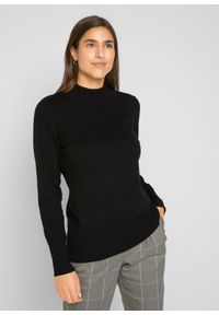 bonprix - Sweter basic ze stójką, z bawełny z recyklingu. Okazja: na co dzień. Typ kołnierza: kołnierzyk stójkowy. Kolor: czarny. Materiał: bawełna. Wzór: ze splotem, gładki. Styl: casual