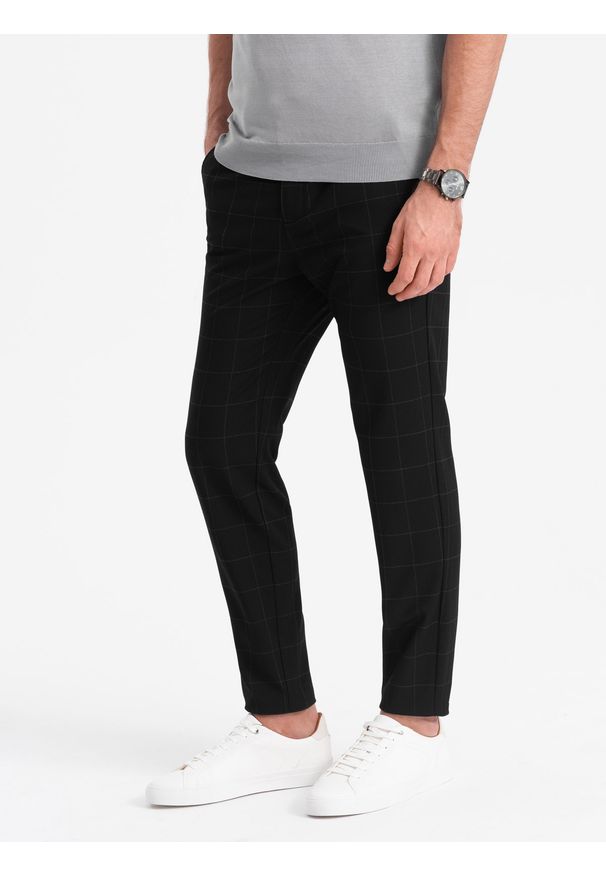 Ombre Clothing - Spodnie męskie o klasycznym kroju w delikatną kratę - czarne V5 - Rozmiar: M. Kolor: czarny. Materiał: wiskoza, poliester, materiał. Styl: klasyczny