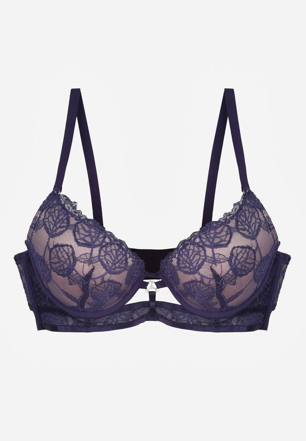 Born2be - Granatowo-Różowy Klasyczny Biustonosz Zdobiony Koronką i Aplikacją Metheis. Kolor: niebieski. Materiał: koronka. Wzór: aplikacja, koronka