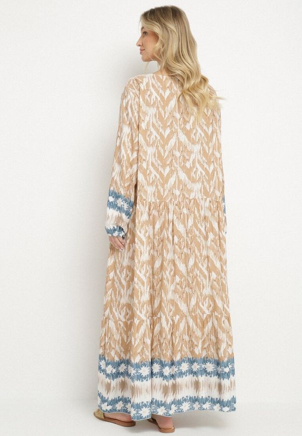 Born2be - Beżowa Sukienka Rozkloszowana z Ozdobnym Wiązaniem w Boho Wzór Erainea. Okazja: na co dzień. Typ kołnierza: dekolt w kształcie V. Kolor: beżowy. Materiał: jeans. Długość rękawa: długi rękaw. Wzór: aplikacja. Typ sukienki: rozkloszowane, proste. Styl: boho