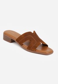 Born2be - Jasnobrązowe Klapki VICES na Niskim Słupku z Ozdobnymi Wycięciami w Cholewce Celatheis. Okazja: na co dzień, na spacer. Kolor: brązowy. Materiał: len. Wzór: haft. Sezon: lato. Obcas: na słupku. Styl: casual, elegancki #6