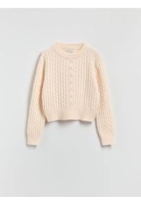 Reserved - Sweter z dekoracyjnym splotem - kremowy. Kolor: kremowy. Materiał: wełna, dzianina. Wzór: ze splotem