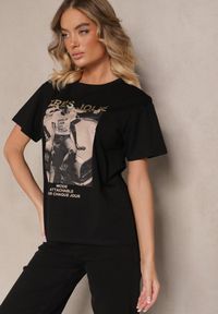 Renee - Czarny Bawełniany T-shirt z Brokatem i Nadrukiem Nalamis. Okazja: na co dzień, na spacer. Kolor: czarny. Materiał: bawełna. Wzór: nadruk. Styl: klasyczny, elegancki, casual #5