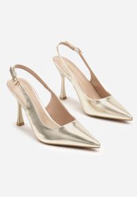 Born2be - Złote Szpilki Slingback z Noskiem w Szpic i Zapięciem na Klamerkę Nusalenna. Nosek buta: szpiczasty. Kolor: złoty. Obcas: na szpilce. Wysokość obcasa: średni #6