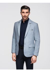Ombre Clothing - Marynarka męska o kroju REGULAR z lnem - jasnoniebieska V4 - Rozmiar: XL. Okazja: do pracy. Kolor: niebieski. Materiał: len. Wzór: aplikacja. Styl: klasyczny, elegancki