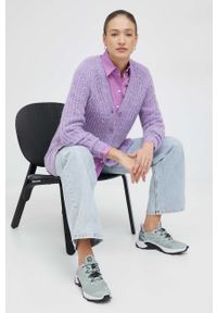 Vero Moda kardigan z domieszką wełny damski kolor fioletowy. Kolor: fioletowy. Materiał: wełna. Długość rękawa: raglanowy rękaw. Wzór: ze splotem #5