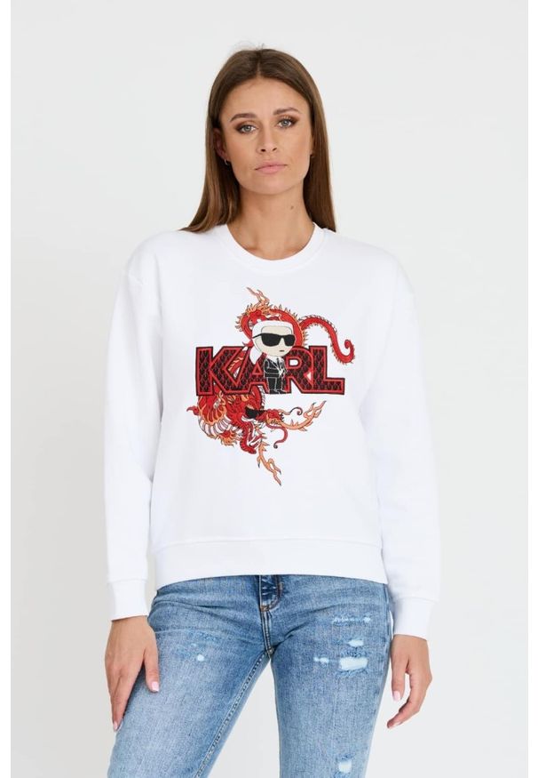 Karl Lagerfeld - KARL LAGERFELD Biała damska bluza ikonik lny, Rozmiar S. Kolor: biały. Materiał: len. Wzór: haft
